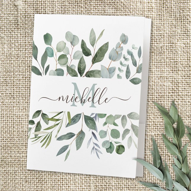 Monogram Sage Green Eucalyptus Greenery Recipe  Pocket Folder (Close up)
