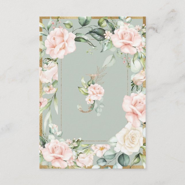 Monogram Sage Green Floral Roses Letter J Thank You Card (Front)