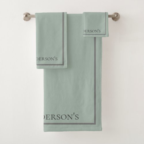 Monogram Sage Green Gray Border Gift Bath Towel Set