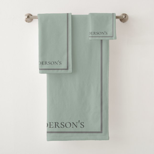 Monogram Sage Green Gray Border Gift Bath Towel Set (Insitu)