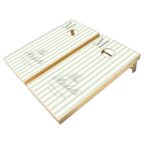 Monogram Sage Green Ivory Stripes Wedding Cornhole Set
