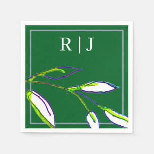 Monogram Sage Green Leaf Art Dusty Blue Wedding Napkins