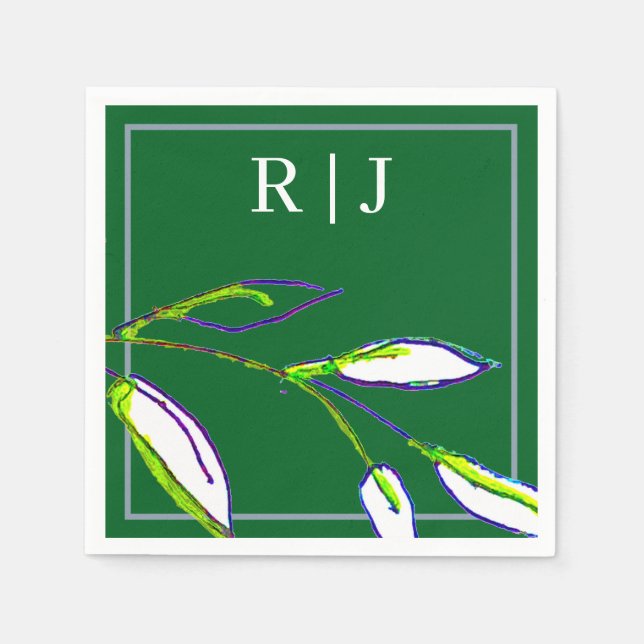 Monogram Sage Green Leaf Art Dusty Blue Wedding Napkins (Front)