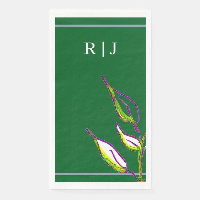 Monogram Sage Green Leaf Art Dusty Blue Wedding Paper Guest Towels (Front)