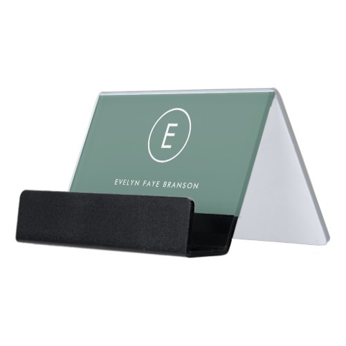 Monogram Sage Green Minimal Simple Modern Scandi Desk Business Card Holder