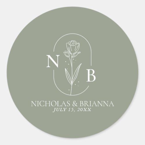Monogram Sage Green Minimalist Boho Wedding Classic Round Sticker