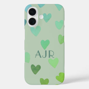 Monogram sage green mint retro hearts pattern iPhone 16 case