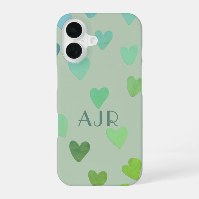 Monogram sage green mint retro hearts pattern iphone case (Back)