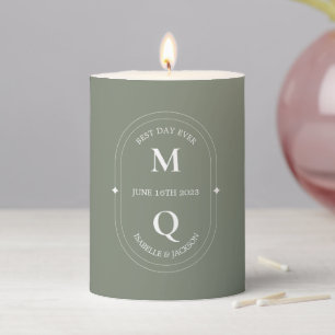 Monogram Sage Green Modern Wedding Pillar Candle