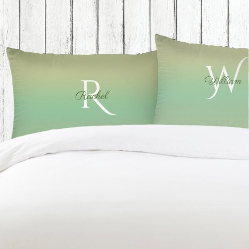 Monogram Sage Green Ombre Gradient Newlyweds Gift Pillow Case