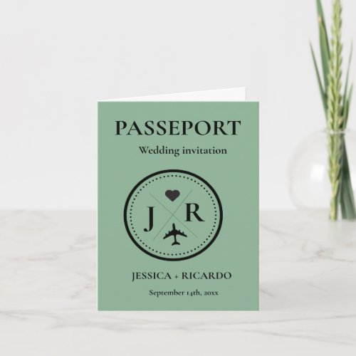 Monogram Sage Green passport Destination wedding  Invitation