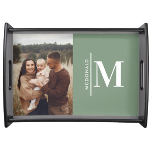 Monogram sage green personalized photo family serving tray