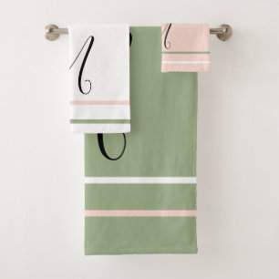 Monogram Sage Green Pink White Stripes Bath Towel Set