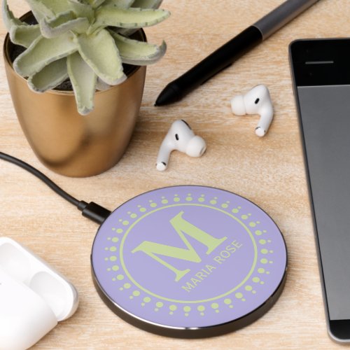 Monogram Sage Green Purple Simple Stylish Modern Wireless Charger