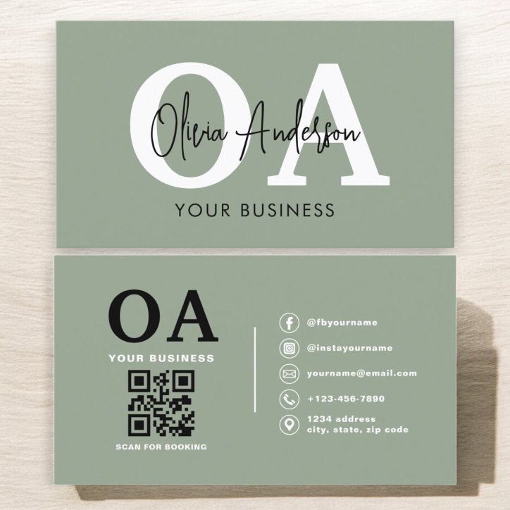 Monogram Sage Green QR Code Modern Minimalist Business Card