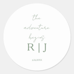 Monogram Sage Green Quote Adventure Begins Wedding Classic Round Sticker