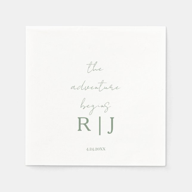 Monogram Sage Green Quote Adventure Begins Wedding Napkins (Front)