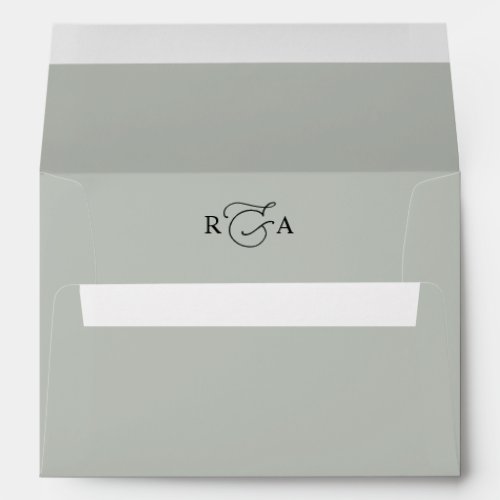 Monogram Sage Green Return Address 5x7 Wedding Envelope - Designed to coordinate with our Romantic Script wedding collection, this customizable matching Invitation envelope features a coloured solid sage green envelope with black text with an elegant monogram on the inside. To make advanced changes, please select "Click to customize further" option under Personalize this template.