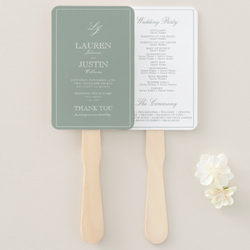 Monogram Sage Green Script Modern Wedding Program Hand Fan