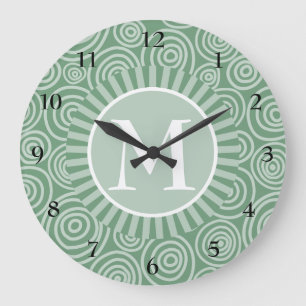 Monogram Sage Green Spirals - Personalized Large Clock