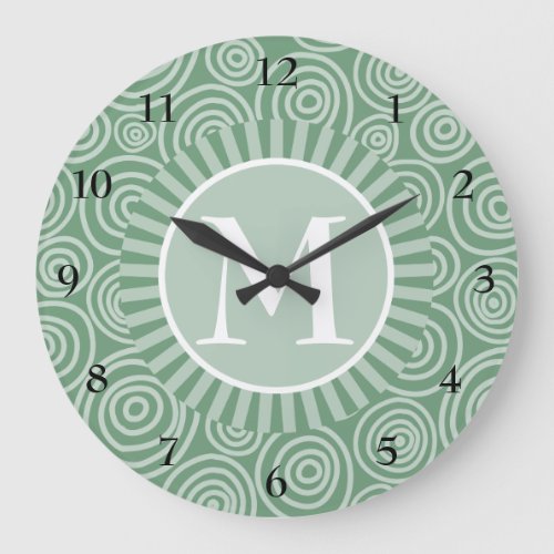 Monogram Sage Green Spirals _ Personalized Large Clock