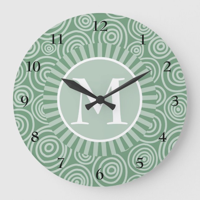 Monogram Sage Green Spirals - Personalized Large Clock (Front)
