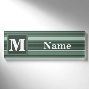 Monogram sage green stripes name tag