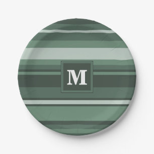 Monogram sage green stripes paper plates