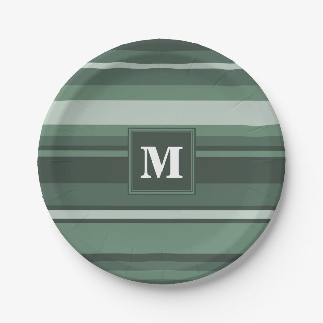 Monogram sage green stripes paper plates (Front)