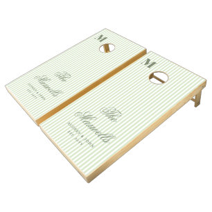 Monogram Sage Green Stripes Script Wedding Cornhole Set