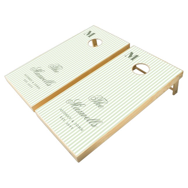 Monogram Sage Green Stripes Script Wedding Cornhole Set (Angled)