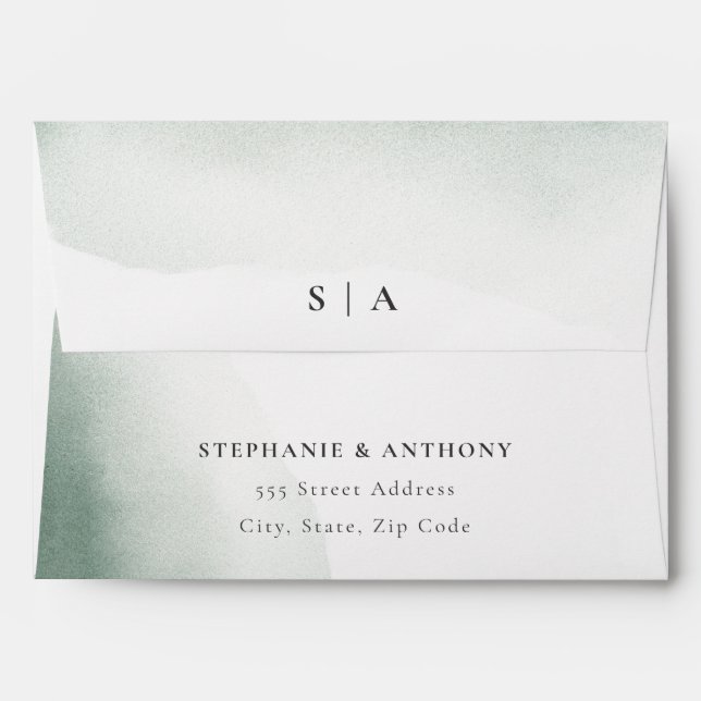 Monogram Sage Green Watercolor Wash Wedding  Envelope (Back (Top Flap))