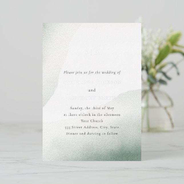 Monogram Sage Green Watercolor Wash Wedding  Foil Invitation (Standing Front)