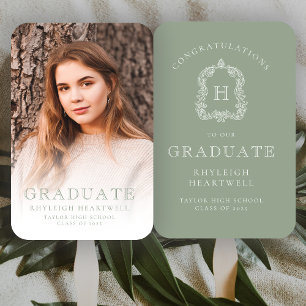 Monogram Sage Green White Photo Graduation Hand Fan