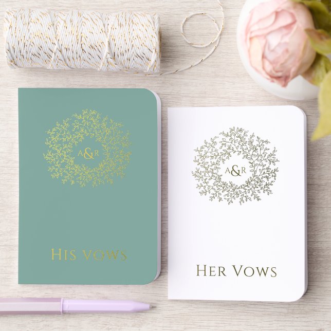 Monogram sage green white silver Wedding Vow Books (Wedding)