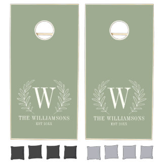 Monogram Sage Green White Wedding Cornhole Set