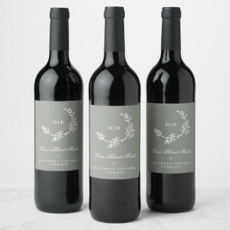 Monogram Sage Green White Wreath Classic Wedding Wine Label