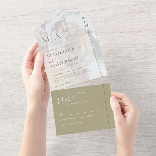 Monogram Sage Green With Overlay Photo Wedding All In One Invitation