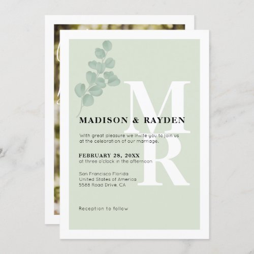 Monogram Sage Green with Photo Wedding Invitation
