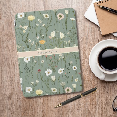 Monogram Sage Green Yellow White Wildflowers Boho iPad Air Cover