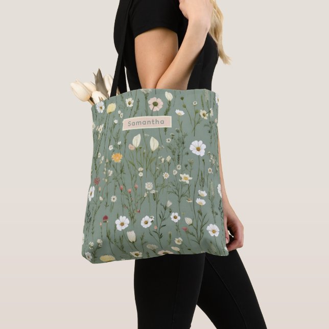Monogram Sage Green Yellow White Wildflowers Boho Tote Bag (Close Up)