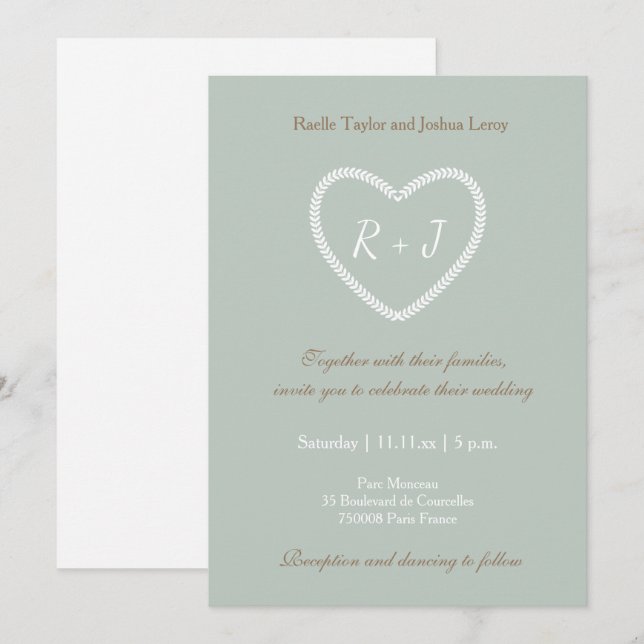 Monogram Sage White Gold Heart Shaped Wedding Invitation (Front/Back)