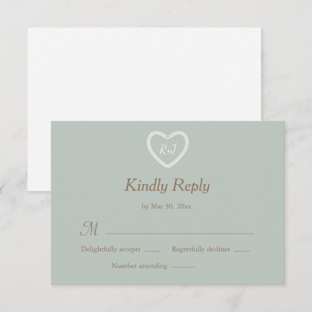 Monogram Sage White Gold Heart Shaped Wedding RSVP Invitation (Front/Back)