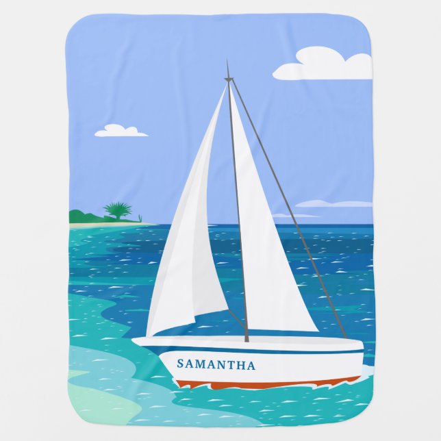 Monogram Sailboat Coastal Tropical Baby Blanket (Front)