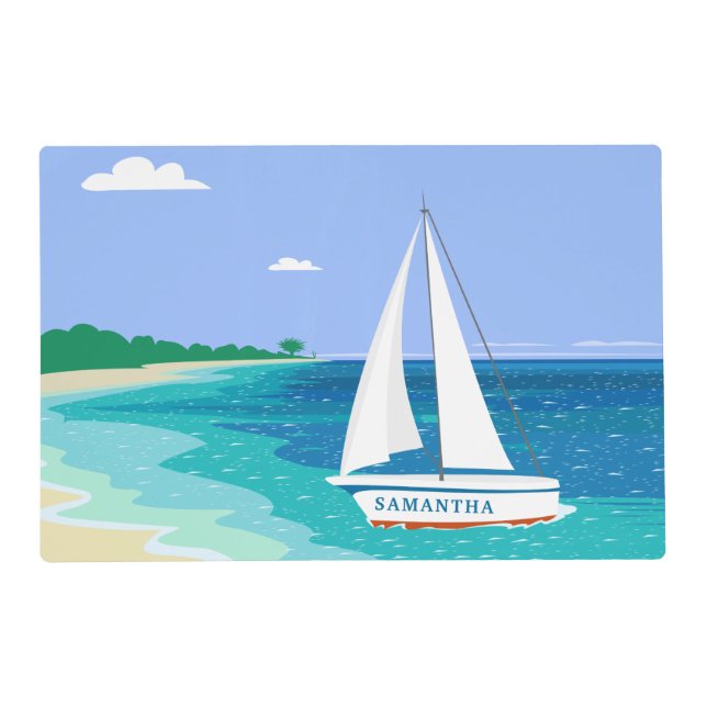 Monogram Sailboat Coastal Tropical Beach Placemat (Front)