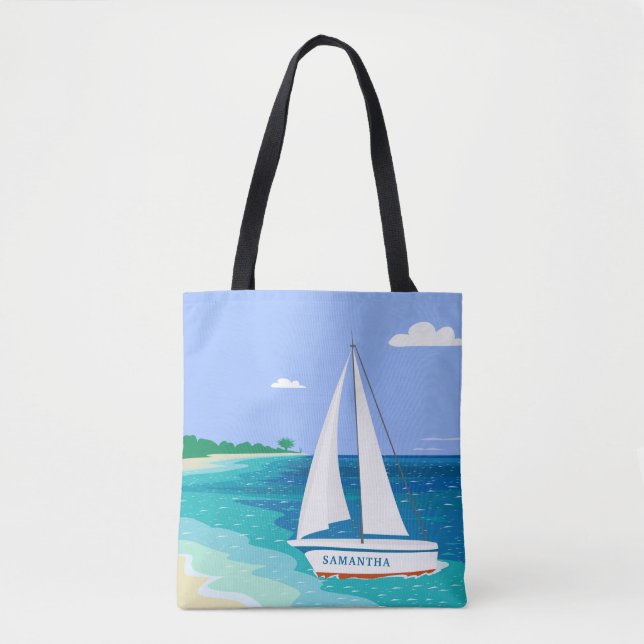 Monogram Sailboat Coastal Tropical Beach Tote Bag (Front)