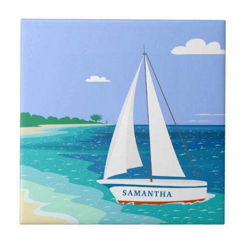 Monogram Sailboat Coastal Tropical Ceramic Tile