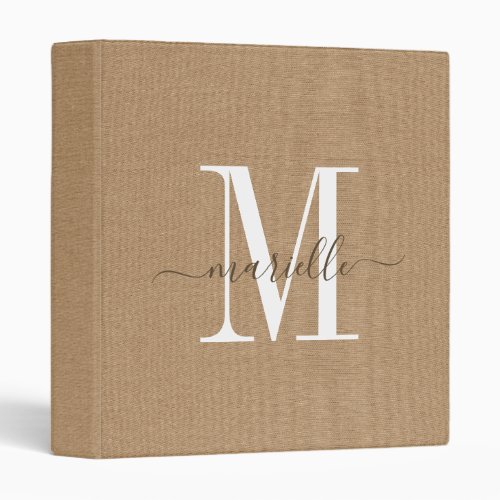 Monogram Sand Faux Linen Office School 3 Ring Bind 3 Ring Binder