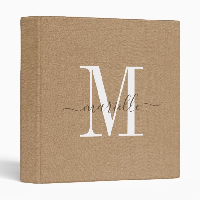 Monogram Sand Faux Linen Office School 3 Ring Bind Binder (Front/Spine)