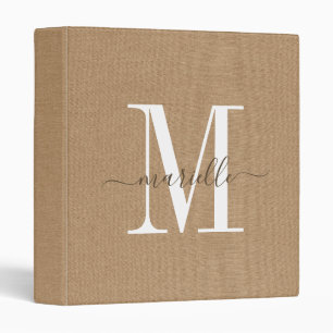 Monogram Sand Faux Linen Office School 3 Ring Bind Binder